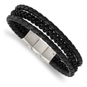 Stainless Steel Brushed & Polished Black IP Leather w/.5-inch ext Bracelet