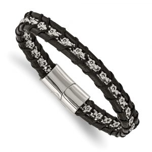 Stainless Steel Polished Flower Link Black Leather 8.25-inch Bracelet