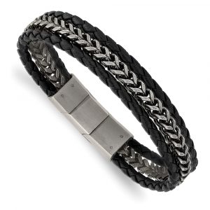 Stainless Steel Antiqued & Brushed Blk Leather 8.25-inch w/.5-inch ext Bracelet