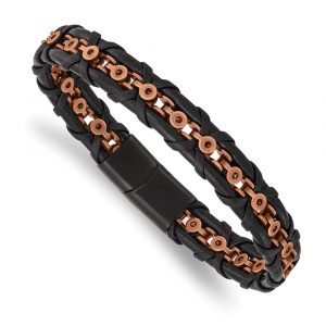 Stainless Steel Antiqued & Polished Rose IP-plated Leather 8.5-inch Bracelet