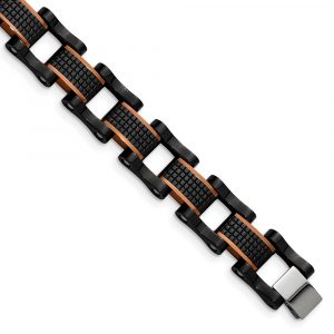 Stainless Steel Polished & Textured Black & Brown IP 8.25-inch Bracelet