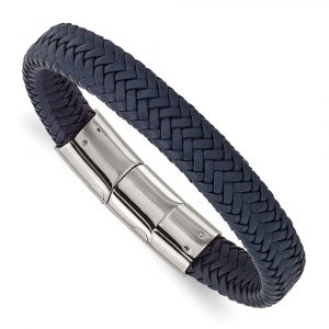 Stainless Steel Polished Navy Blue Leather 7.75-inch w/.5-inch ext Bracelet