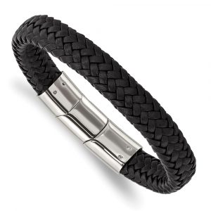 Stainless Steel Polished Black Woven Leather 8-inch w/.5-inch ext Bracelet