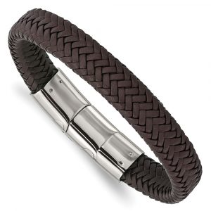 Stainless Steel Polished Woven D.Brown Leather 8-inch w/.5-inch ext Bracelet