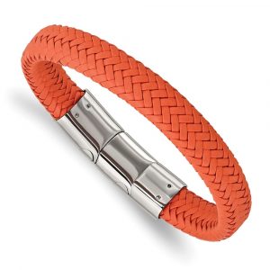 Stainless Steel Polished Orange Woven Leather 8-inch w/.5-inch ext Bracelet