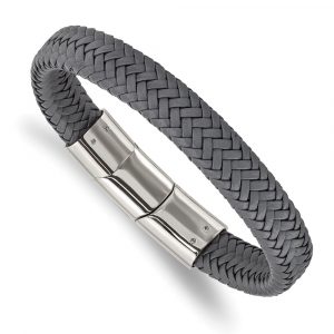 Stainless Steel Polished Grey Woven Leather 8-inch w/.5-inch ext Bracelet