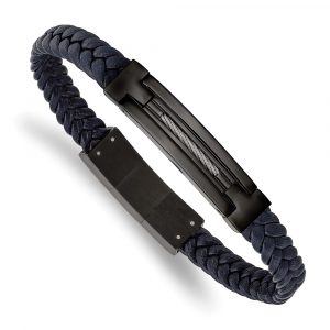 Stainless Steel Polished Black IP Navy Blue Leather w/.5-inch ext. Bracelet