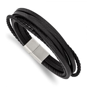 Stainless Steel Brushed Black Leather Multi Strand 8-inch Bracelet