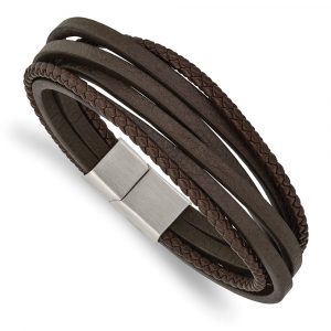 Stainless Steel Brushed Brown Leather Multi Strand 8-inch Bracelet