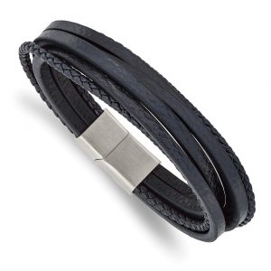 Stainless Steel Brushed Navy Blue Leather Multi Strand 8-inch Bracelet