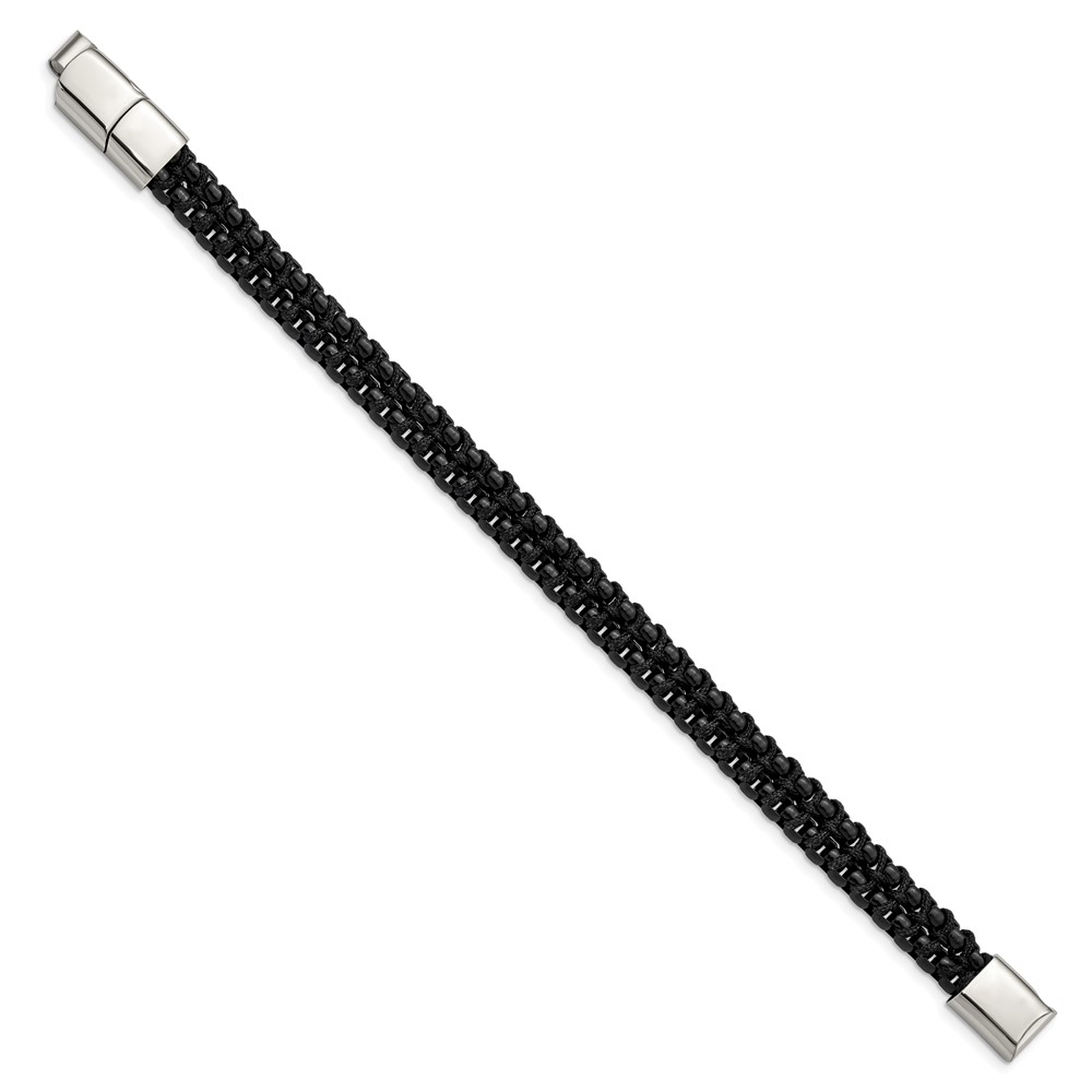 Stainless Steel Polished Black IP w/Black Cotton 8.5-inch w/.5-inch ext Bracelet - Image 2