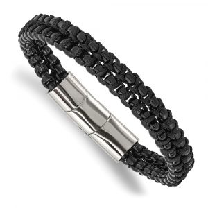 Stainless Steel Polished Black IP w/Black Cotton 8.5-inch w/.5-inch ext Bracelet