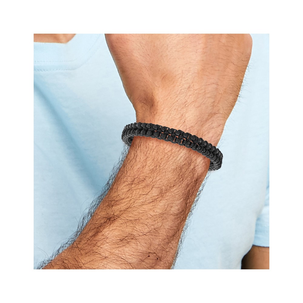 Stainless Steel Polished Black IP w/Black Cotton 8.5-inch w/.5-inch ext Bracelet - Image 4