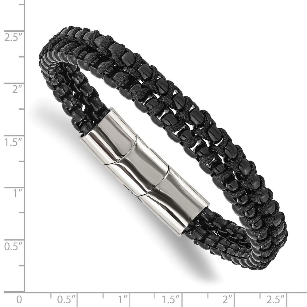 Stainless Steel Polished Black IP w/Black Cotton 8.5-inch w/.5-inch ext Bracelet - Image 3