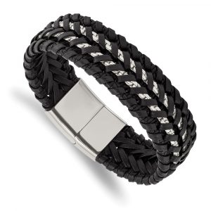 Stainless Steel Polished Black Woven Leather and Cha-inch 8.5-inch Bracelet