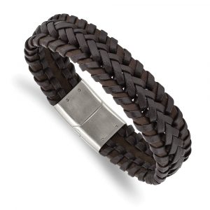 Stainless Steel Polished Braided Brown Leather 8.5-inch Bracelet