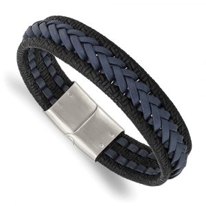 Stainless Steel Polished Black/Blue Braided Leather 8.25-inch Bracelet
