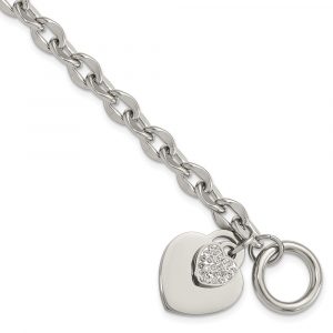 Stainless Steel Polished Two Hearts with CZ 7.5-inch Toggle Bracelet