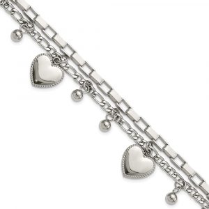 Stainless Steel Polished Hearts and Beads 7-inch w/2-inch ext. Bracelet