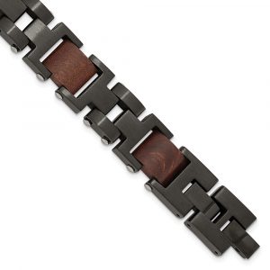 Stainless Steel Brushed Black IP-plated with Wood w/.5-inch ext. 8-inch Bracelet