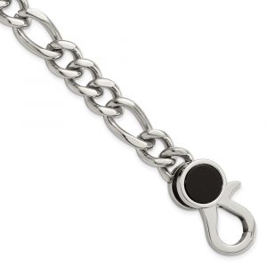 Stainless Steel Polished w/Black Agate Figaro Link 8-inch Bracelet