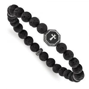 Stainless Steel Antiqued and Brushed Lava Stone Stretch Bracelet