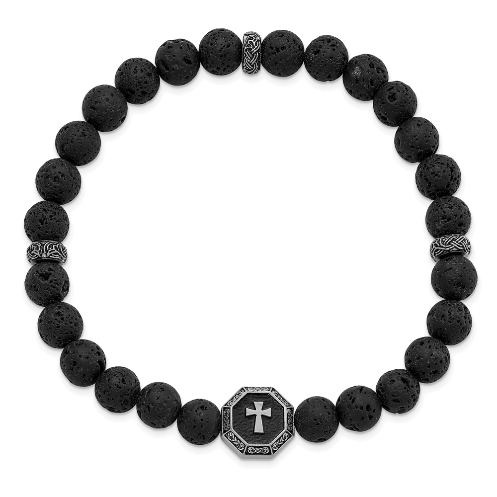 Stainless Steel Antiqued and Brushed Lava Stone Stretch Bracelet - Image 2