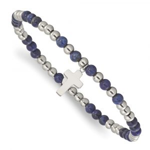 Stainless Steel Polished Lapis Beaded Cross Stretch Bracelet