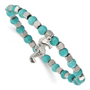 Stainless Steel Polished Imit. Turquoise Beaded Seahorse Stretch Bracelet