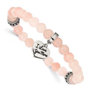 Stainless Steel Antiqued & Polished Pink Jade LOVE YOU Stretch Bracelet