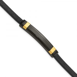 Stainless Steel Polished Black/Yellow IP Black Leather 8.5-inch Bracelet