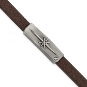 Stainless Steel Antiqued Bronze-plated w/CZ Starburst Leather Bracelet