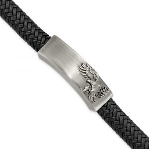 Stainless Steel Brushed Antiqued Leather Eagle 8.5-inch ID Bracelet