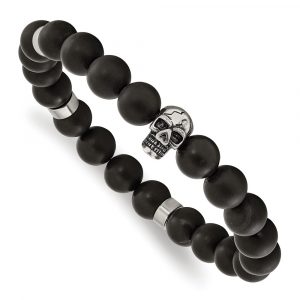Stainless Steel Antiqued and Polished Black Agate Skull Stretch Bracelet