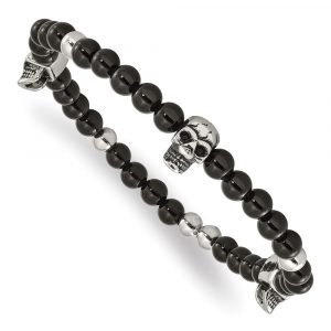 Stainless Steel Antiqued & Polished Black Agate w/Skulls Stretch Bracelet