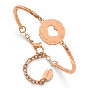 Stainless Steel Polished Rose IP LOVE YOU TO THE MOON Heart Bracelet