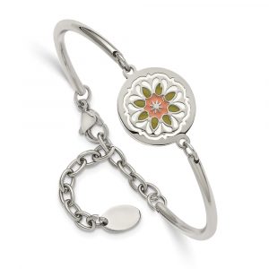 Stainless Steel Polished Enameled Flower 5.5-inch w/2-inch ext Bracelet