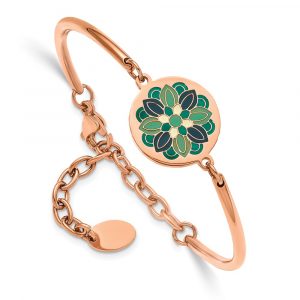Stainless Steel Polished Rose IP w/Enamel Flower w/2-inch ext Bracelet
