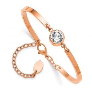 Stainless Steel Polished Rose IP w/Crystal 6.5-inch w/2-inch ext Bracelet