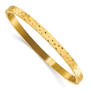 Stainless Steel Polished and Hammered Yellow IP-plated Bangle
