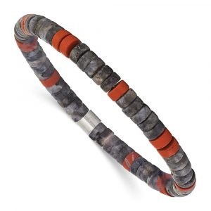 Stainless Steel Brushed Spectrolite/Red Natural Stone Stretch Bracelet