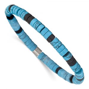 Stainless Steel Brushed Howlite/Black Agate Beaded Stretch Bracelet