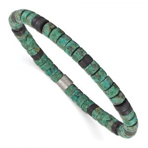 Stainless Steel Brushed Green Sediment/Black Agate Stretch Bracelet