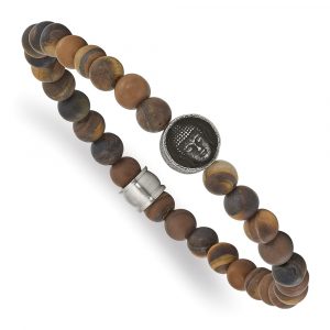 Stainless Steel Antiqued Brushed Tiger's Eye Buddha Stretch Bracelet