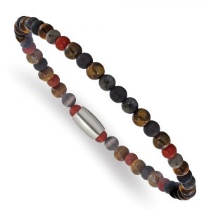 Stainless Steel Polished Spectrolite/Agate/Tiger's Eye Stretch Bracelet