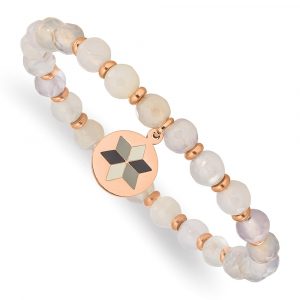 Stainless Steel Polished Rose IP Enamel Flower Jade Stretch Bracelet