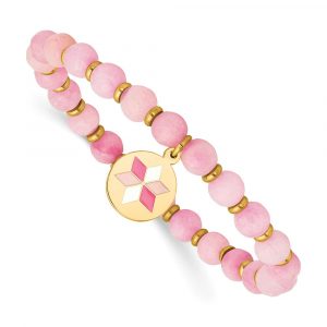 Stainless Steel Polished Rose IP Enameled Pink Agate Stretch Bracelet