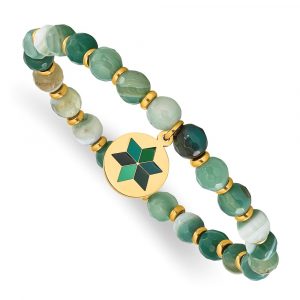 Stainless Steel Polished Yellow IP Enamel Green Agate Stretch Bracelet