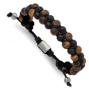 Stainless Steel Brushed Tiger's Eye/Black Agate Adjustable Bracelet