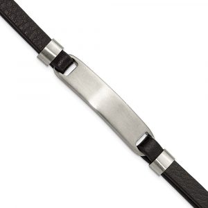 Stainless Steel Brushed Black Leather 8-inch w/ .5-inch ext. ID Bracelet